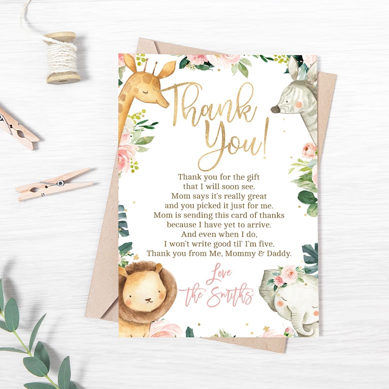 Safari Baby Shower Thank You Card for a Girl Jungle Animals - Etsy