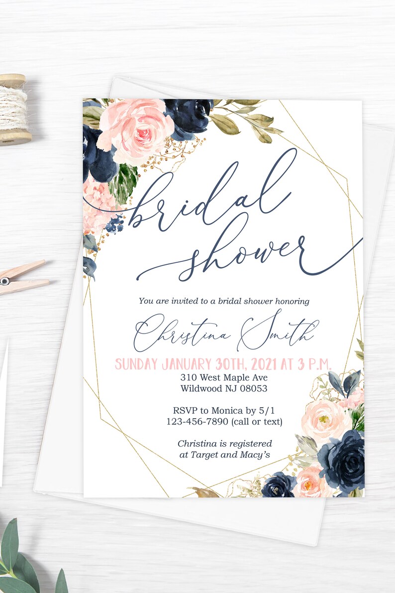 Blush Pink and Navy Bridal Shower Invitations Printed 5x7 - Etsy