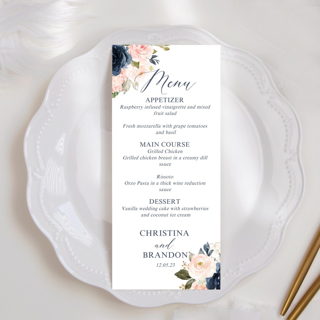 Navy and Blush Wedding Menu Template Modern Floral Wedding Menu Instant