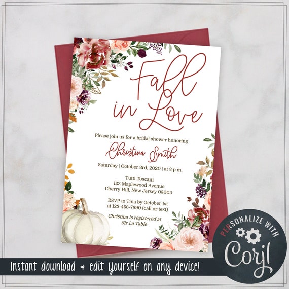 Fall Bridal Shower Invitations Floral With White Pumpkin Etsy