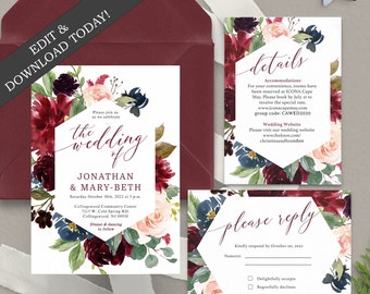 Burgundy Wedding Invitation Template Download - RSVP Card and Details Card Included - Edit Today with Corjl Wedding-157