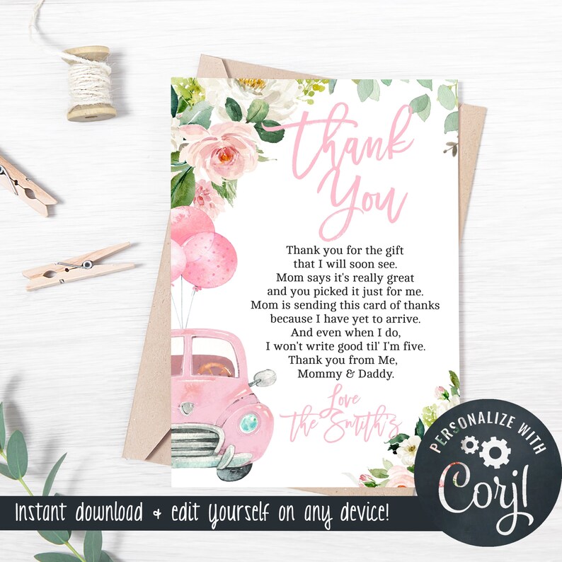 Drive by Baby Shower Thank You Card for a Girl 4x6 Thank You Etsy