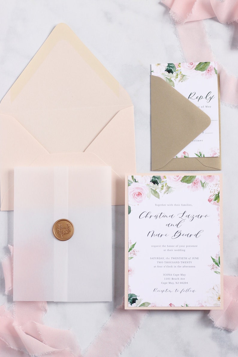 Blush Floral Vellum Wedding Invitations Includes Invitation Etsy