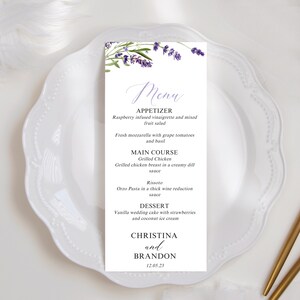 Plantilla de menú de boda de lavanda - Menú de boda floral púrpura moderno - ¡Descarga y edita al instante hoy! PP161