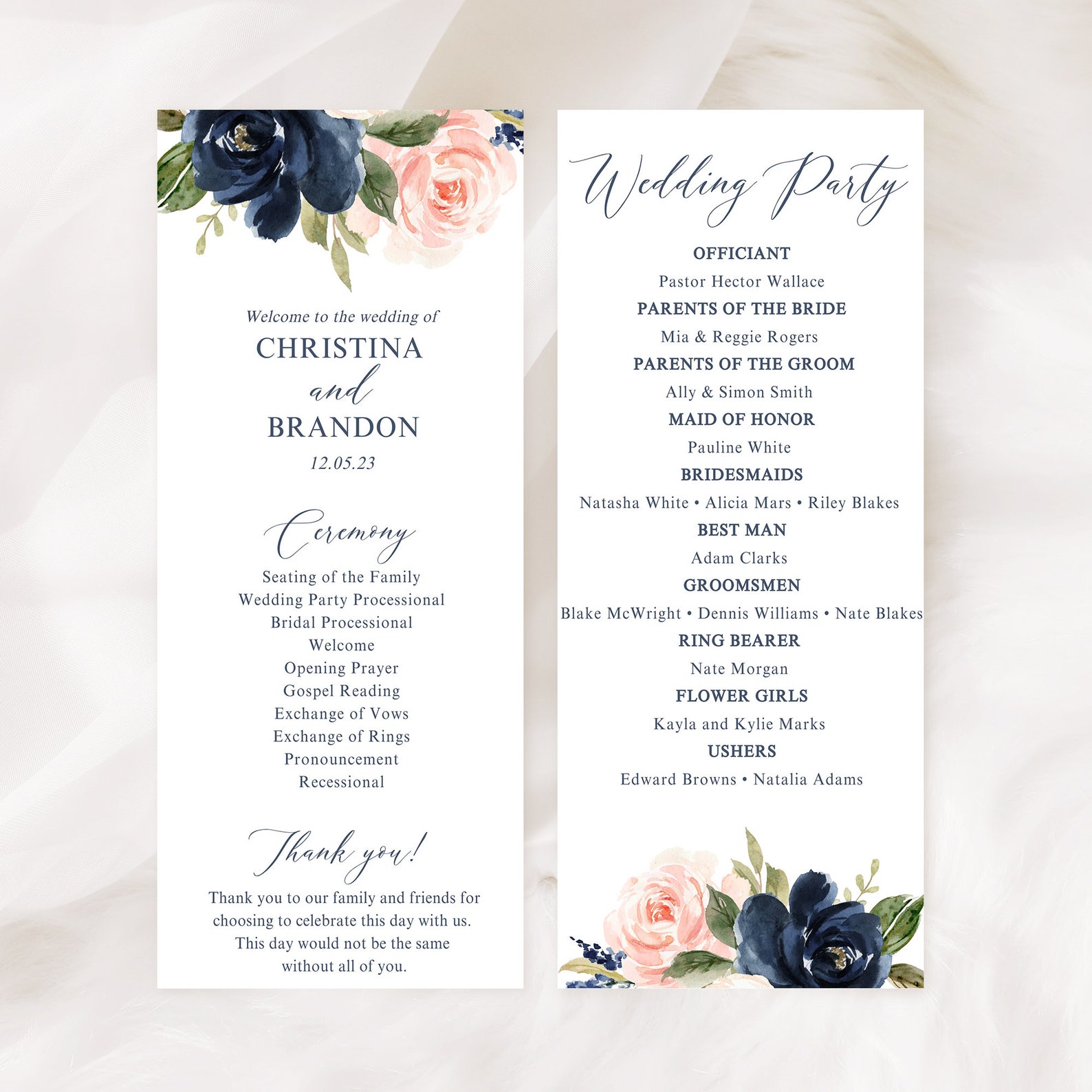 Navy and Blush Wedding Program Template Floral Wedding Etsy