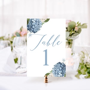 Plantilla de tarjetas de números de mesa de boda de hortensia - Tarjetas de mesa de boda florales azules - ¡Descarga instantánea y edición hoy! PP160