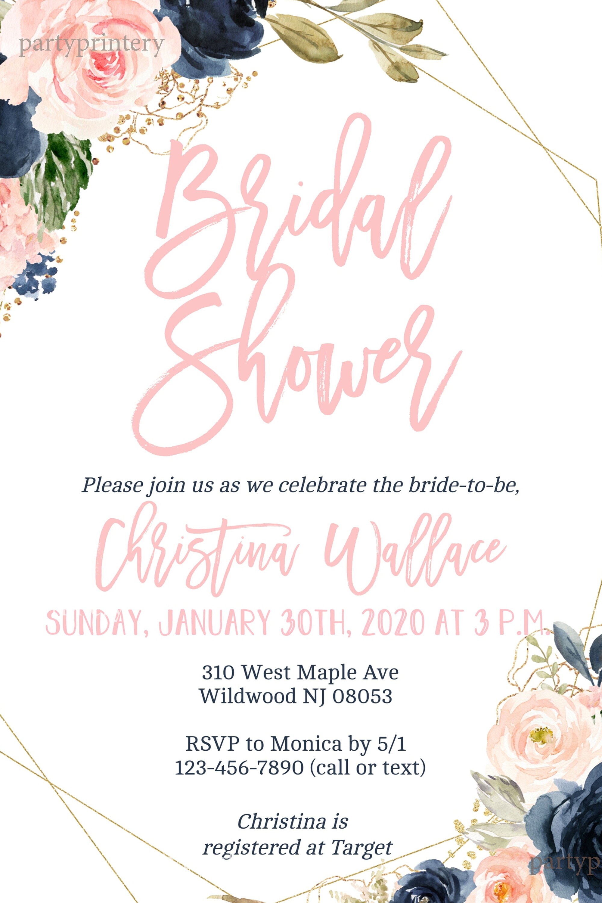 Blush Pink and Navy Bridal Shower Invitation Template Edit | Etsy