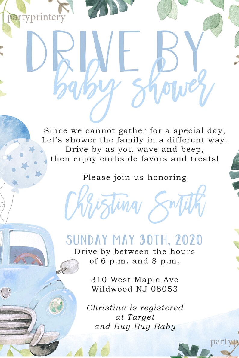 Invitations Printed and Shipped to You with White Envelopes Drive By Baby Shower Invitations for a Boy