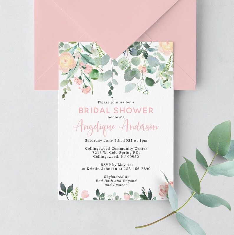 Blush Bridal Shower Invitation Blush and Eucalyptus Bridal Etsy