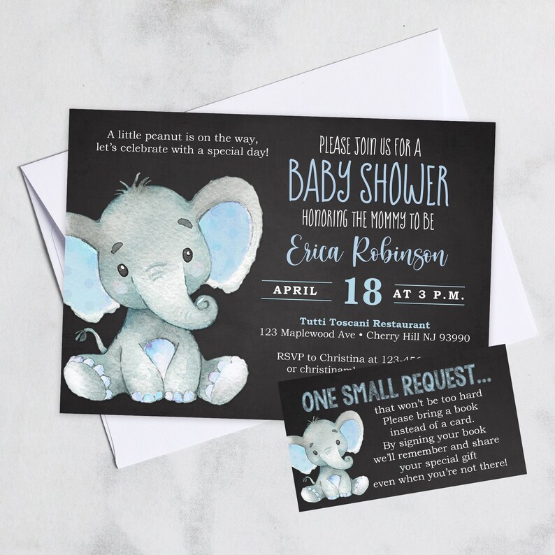 Blue Elephants Chalkboard Baby Shower Invitations Elephant Baby Shower Invitation Boy