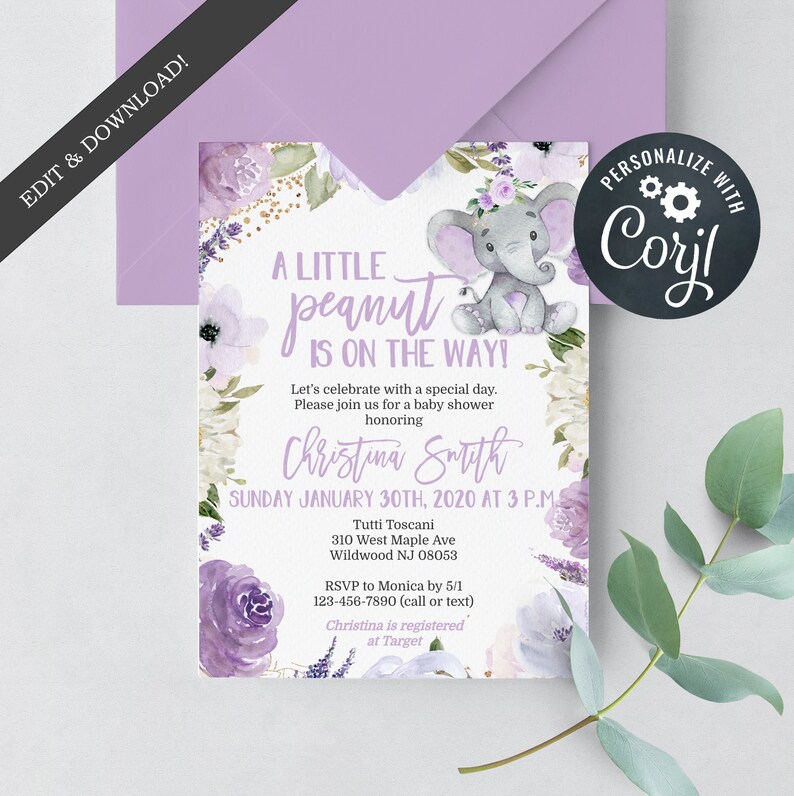 Purple Elephant Baby Shower Invitation Package for a Girl Etsy
