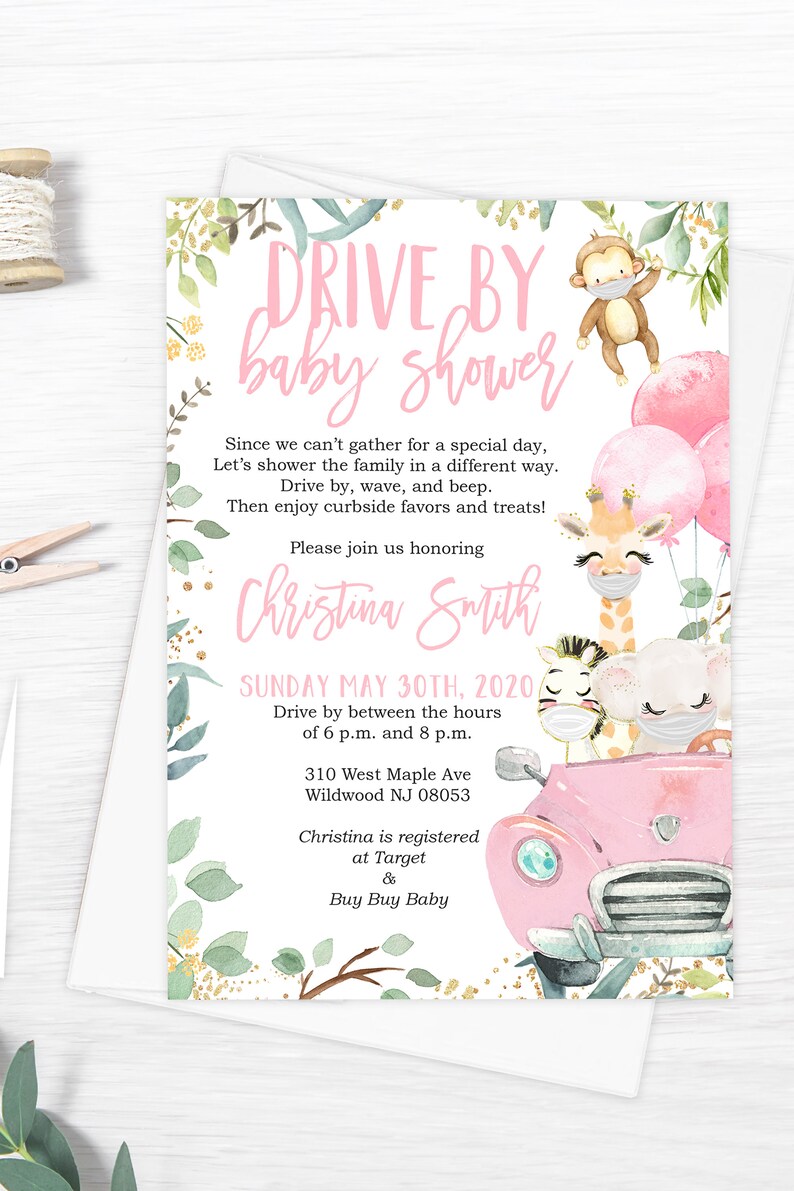 Download Invitations Paper Party Supplies Digital Files Or Printed Invitations Safari Drive By Baby Shower Invitations For A Girl Pink And Gold
