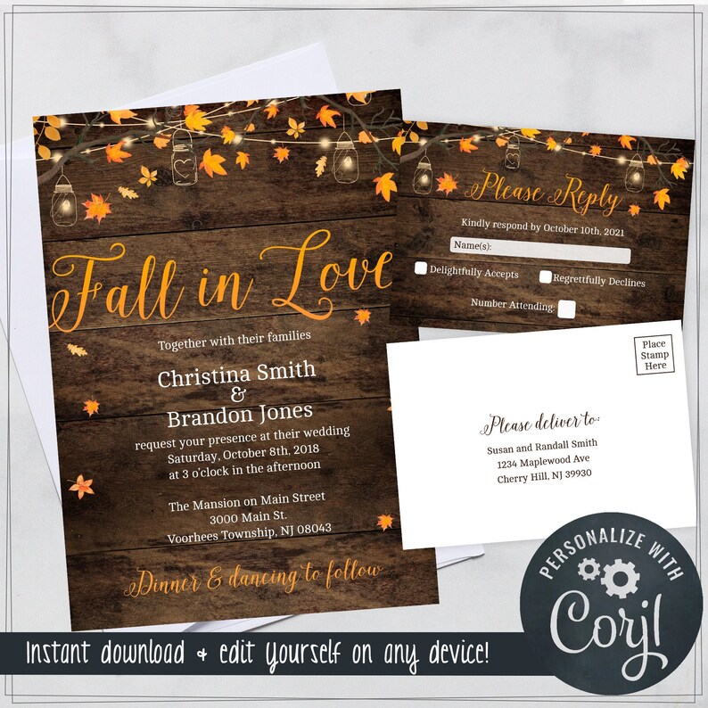 Rustic Fall Wedding Invitations with Fall Leaves Instant Download Template Includes Invitation and Self Mailing RSVP Card image 1