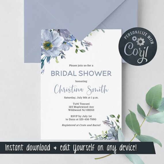 Bridal Shower Invitation Template Dusty Blue Floral Edit - Etsy