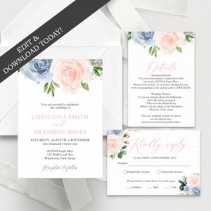 Conjunto de modelos de convite de casamento floral rosa blush e azul empoeirado - cartão RSVP e cartão de detalhes incluídos - edite hoje com Corjl PP162