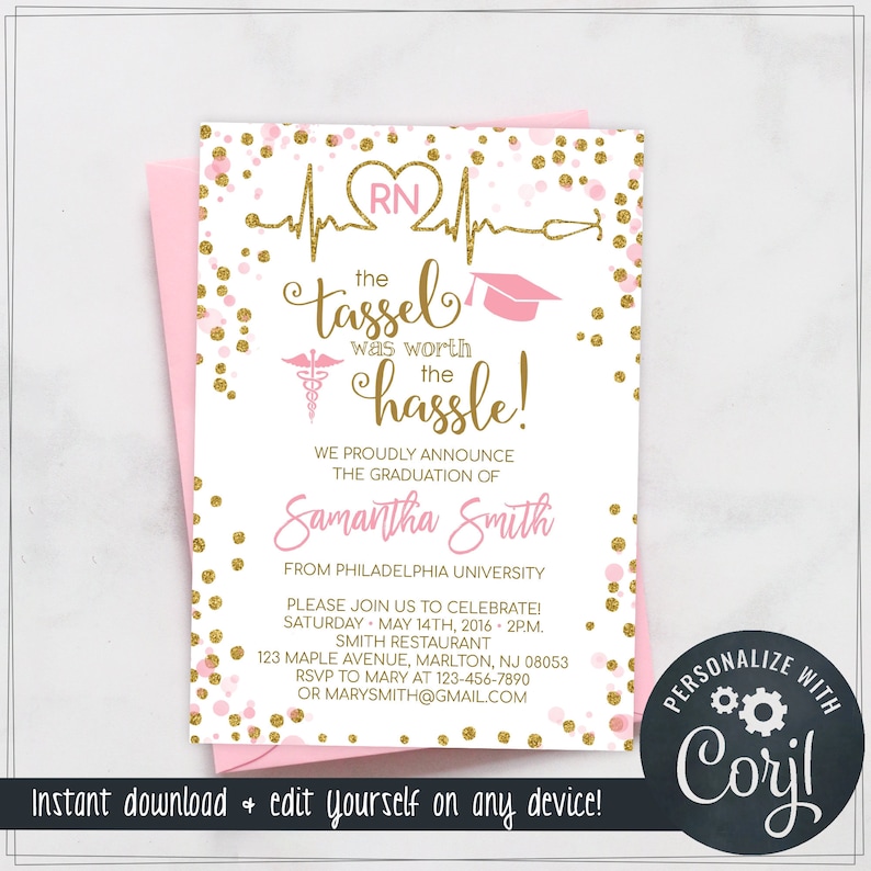 Nursing School Graduation Invitation Template Pink and Gold - Etsy