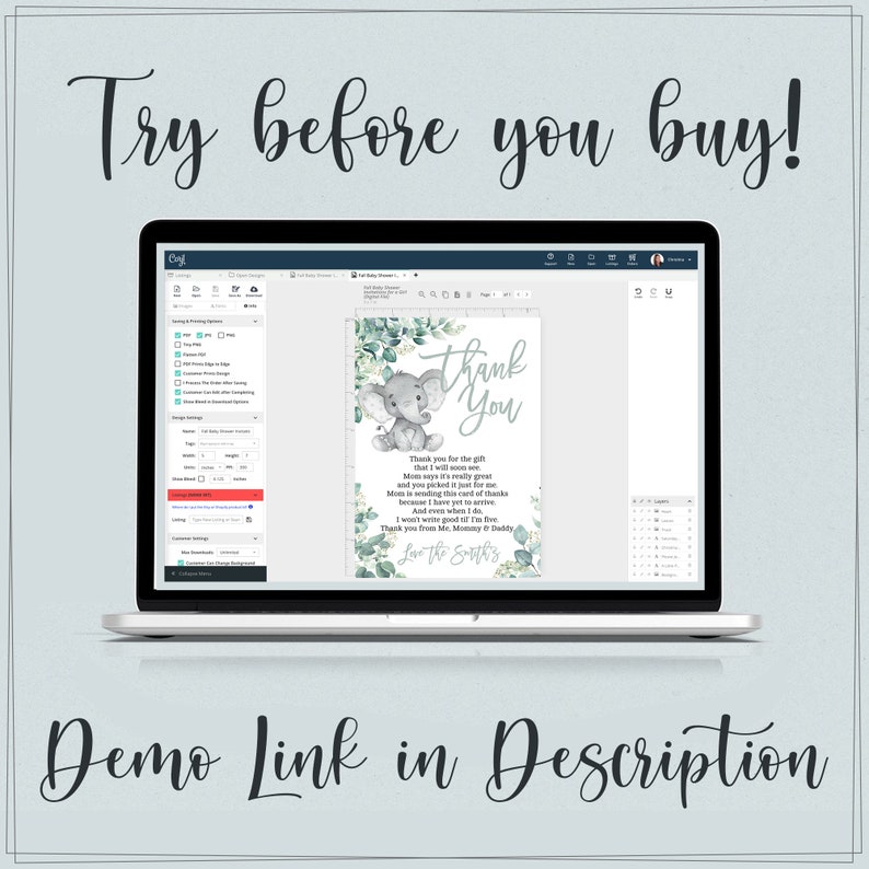 Elephant Baby Shower Thank You Card Gender Neutral 4x6 Thank Etsy