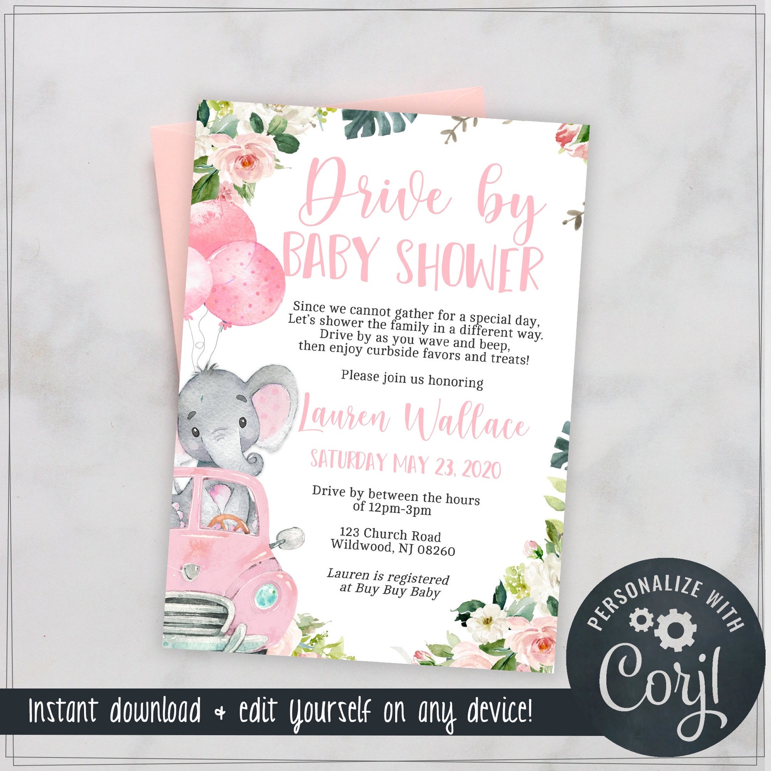 Drive by Baby Shower Invitations for Girls With Elephants Etsy