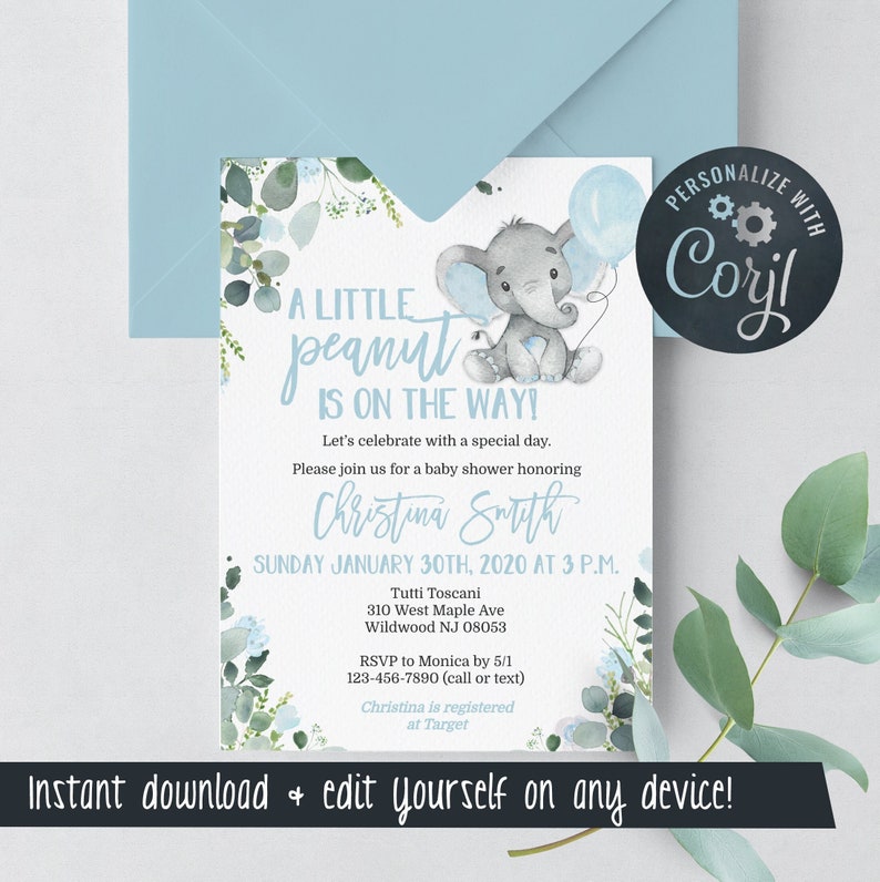 Elephant Baby Shower Invitation Template for a Boy Little Peanut Blue Edit Yourself & Instant Download with Corjl Baby-210 image 3