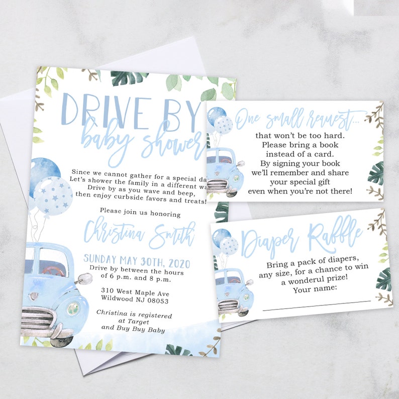 Invitations Printed and Shipped to You with White Envelopes Drive By Baby Shower Invitations for a Boy