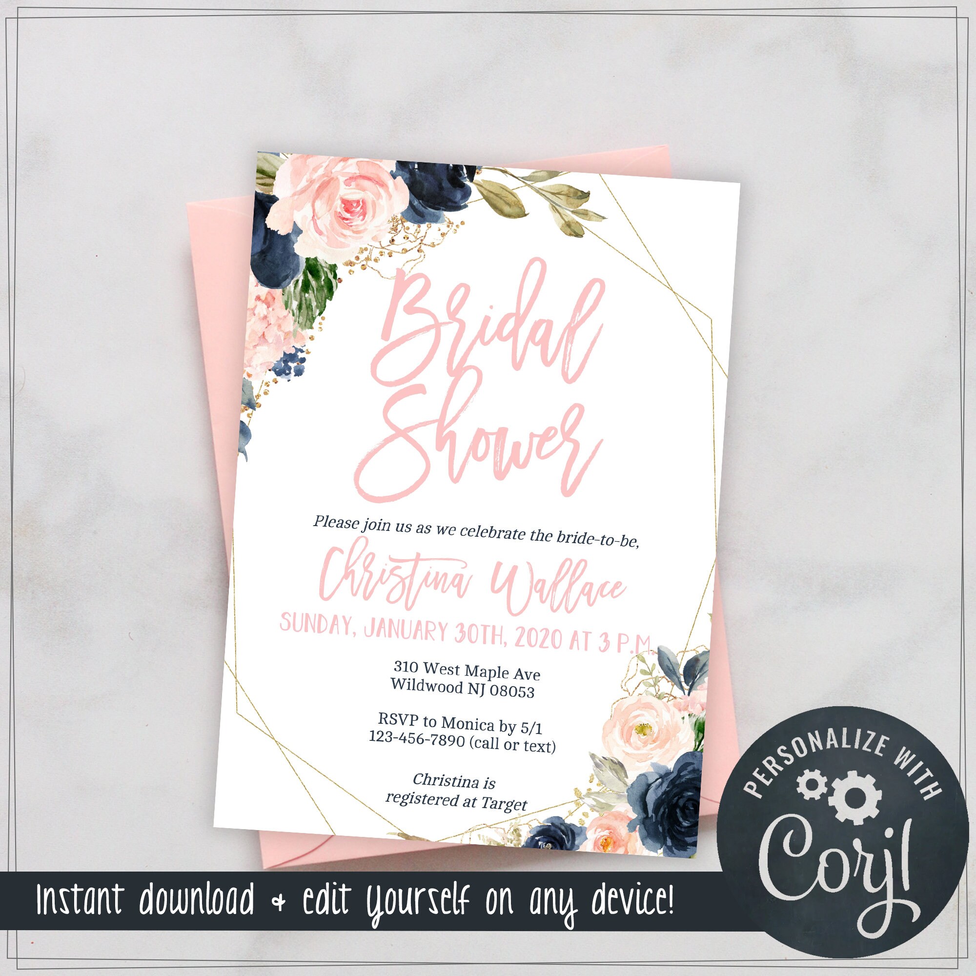 Blush Pink and Navy Bridal Shower Invitation Template Edit | Etsy