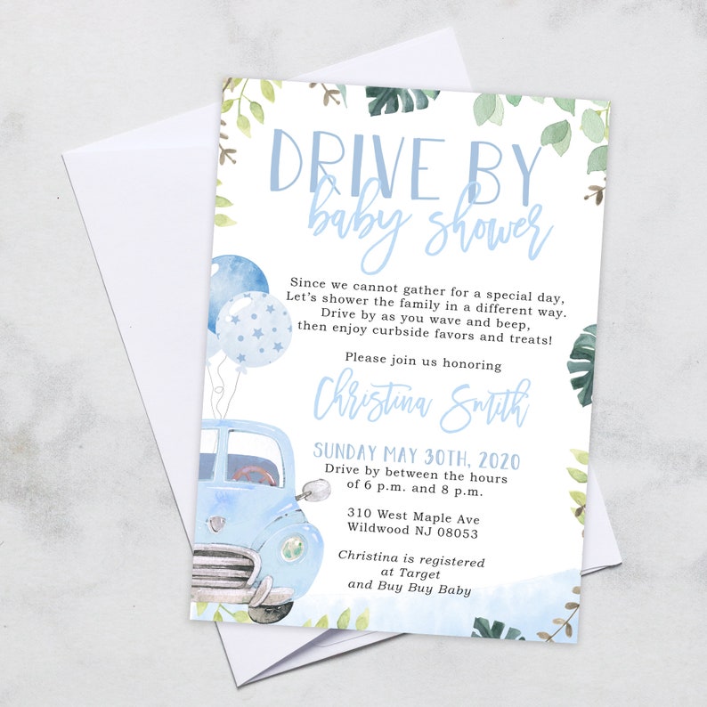 Invitations Printed and Shipped to You with White Envelopes Drive By Baby Shower Invitations for a Boy