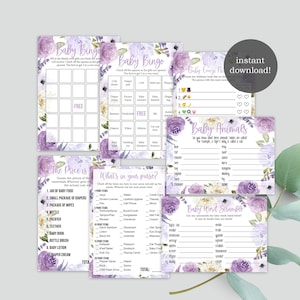 Lavender Purple Baby Shower Game Package - Flowers - Instant Download and Print Yourself - Bingo - Emoji Game Baby-217