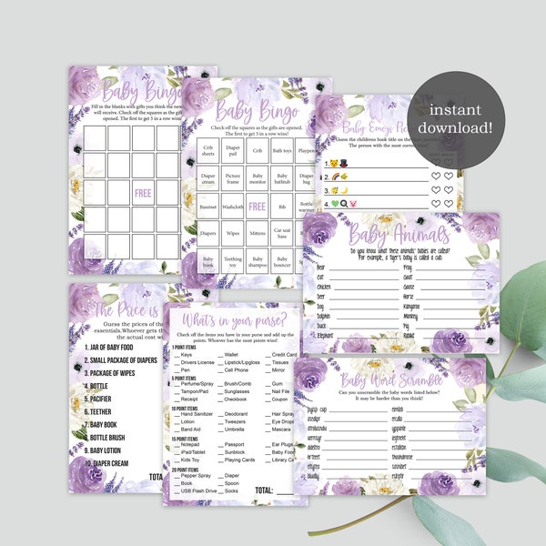 Lavender Purple Baby Shower Game Package - Flowers - Instant Download and Print Yourself - Bingo - Emoji Game Baby-217