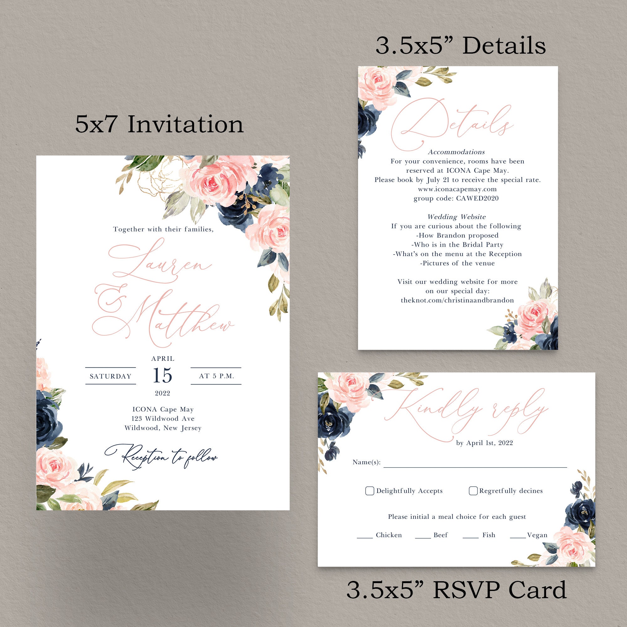 Pink and Navy Wedding Invitation Template Download RSVP Card | Etsy