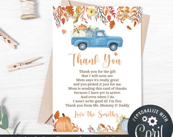 Fall Baby Shower Thank You Card for a Boy - Blue Truck - 4x6 Thank You Card - Edit Yourself & Download! - A Little Pumpkin - Baby-230
