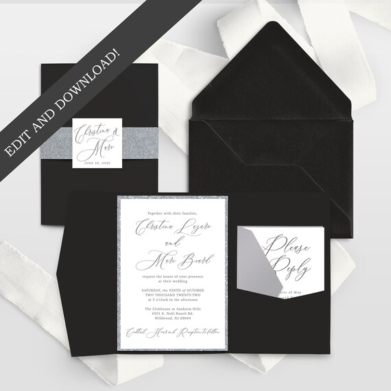 Black and Silver Glitter Wedding Invitation Template Download | Etsy
