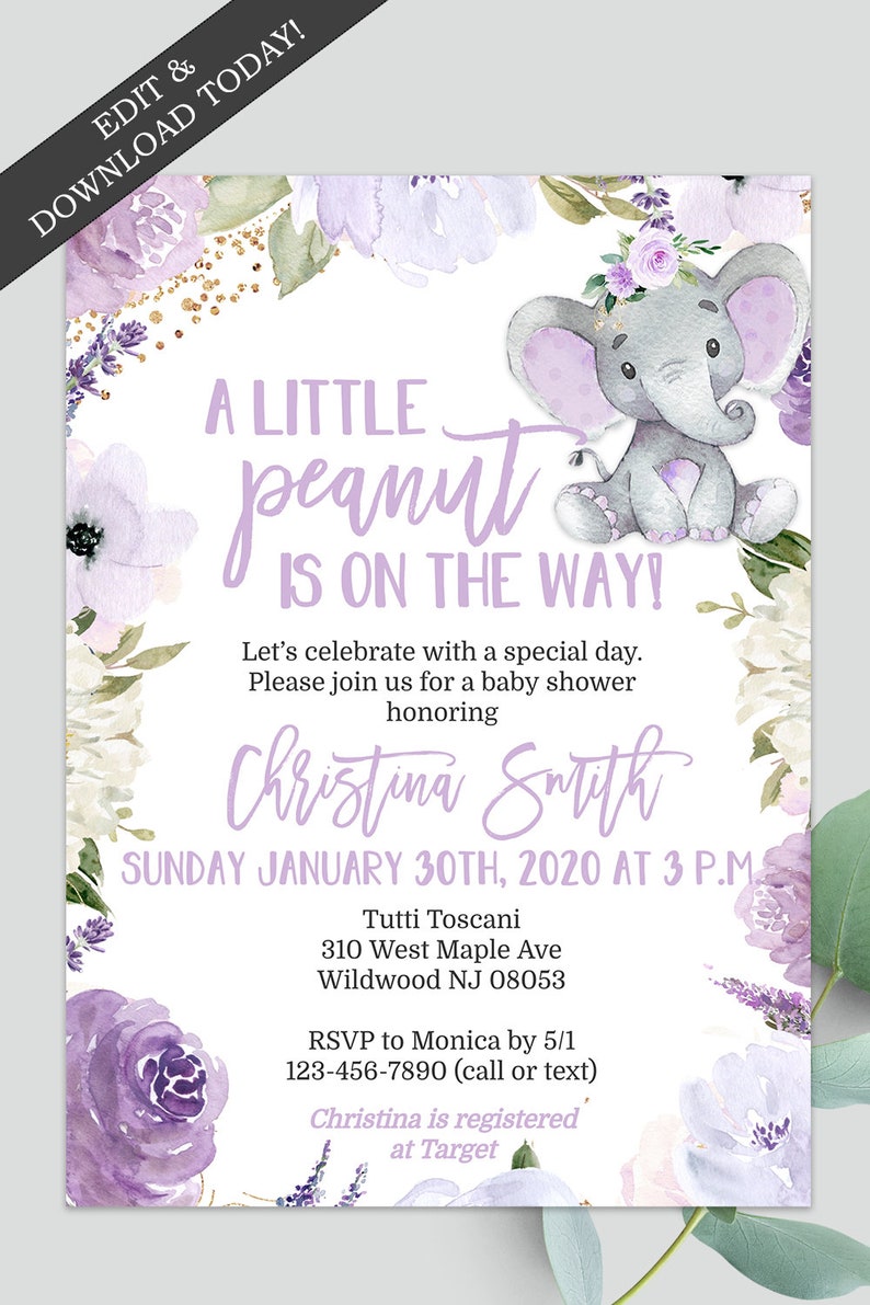 Purple Elephant Baby Shower Invitation Package for a Girl Etsy