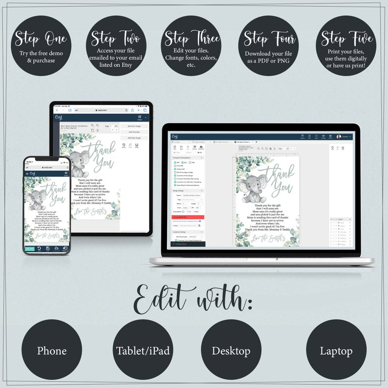 Elephant Baby Shower Thank You Card Gender Neutral 4x6 Thank Etsy