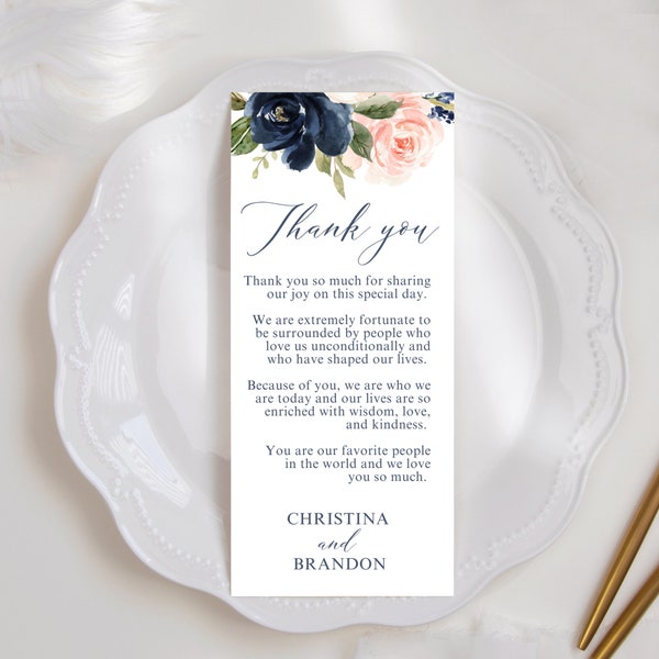 Navy and Blush Wedding Thank You Place Card Template 4x9 - Instant Download and Edit Today! Wedding-158