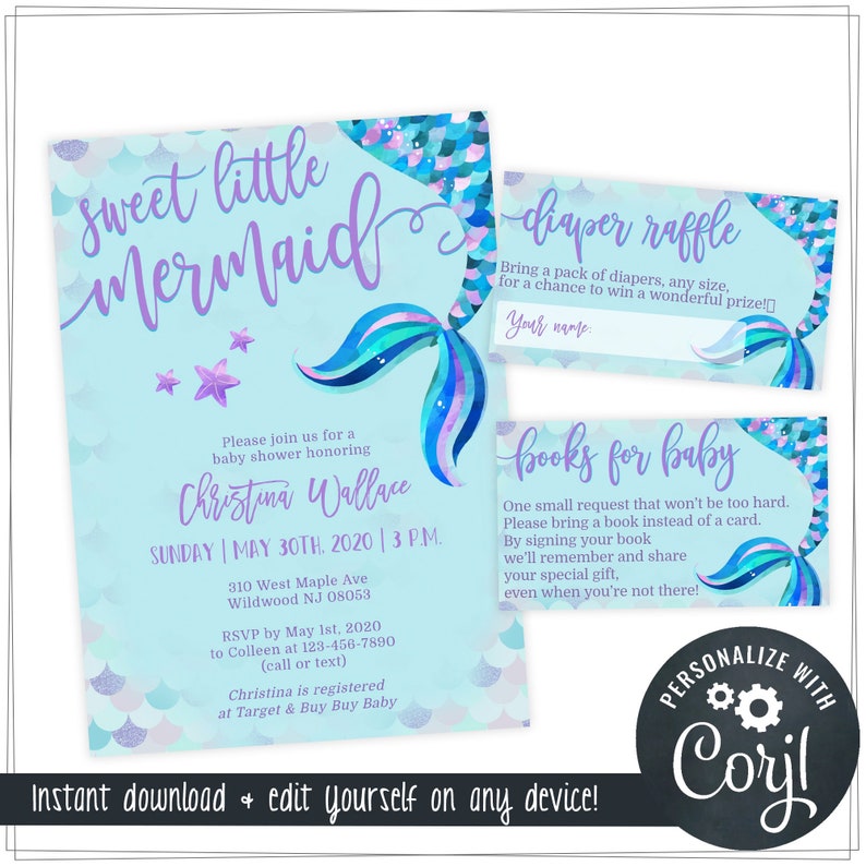 Mermaid Baby Shower Invitations for Girls Edit Yourself & Etsy