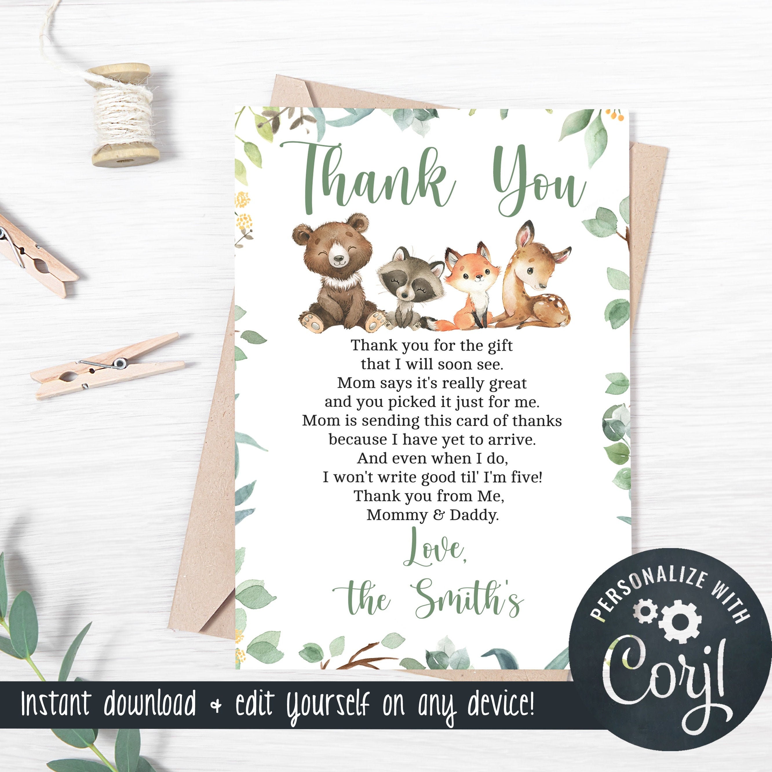 Printed 25 Boy Woodland Thank You Cards With Envelopes  Thick Card Stock  Baby Shower, Birthday, Any Occasion Greenery Large Size 4x6 Owl - Yahoo  Shopping