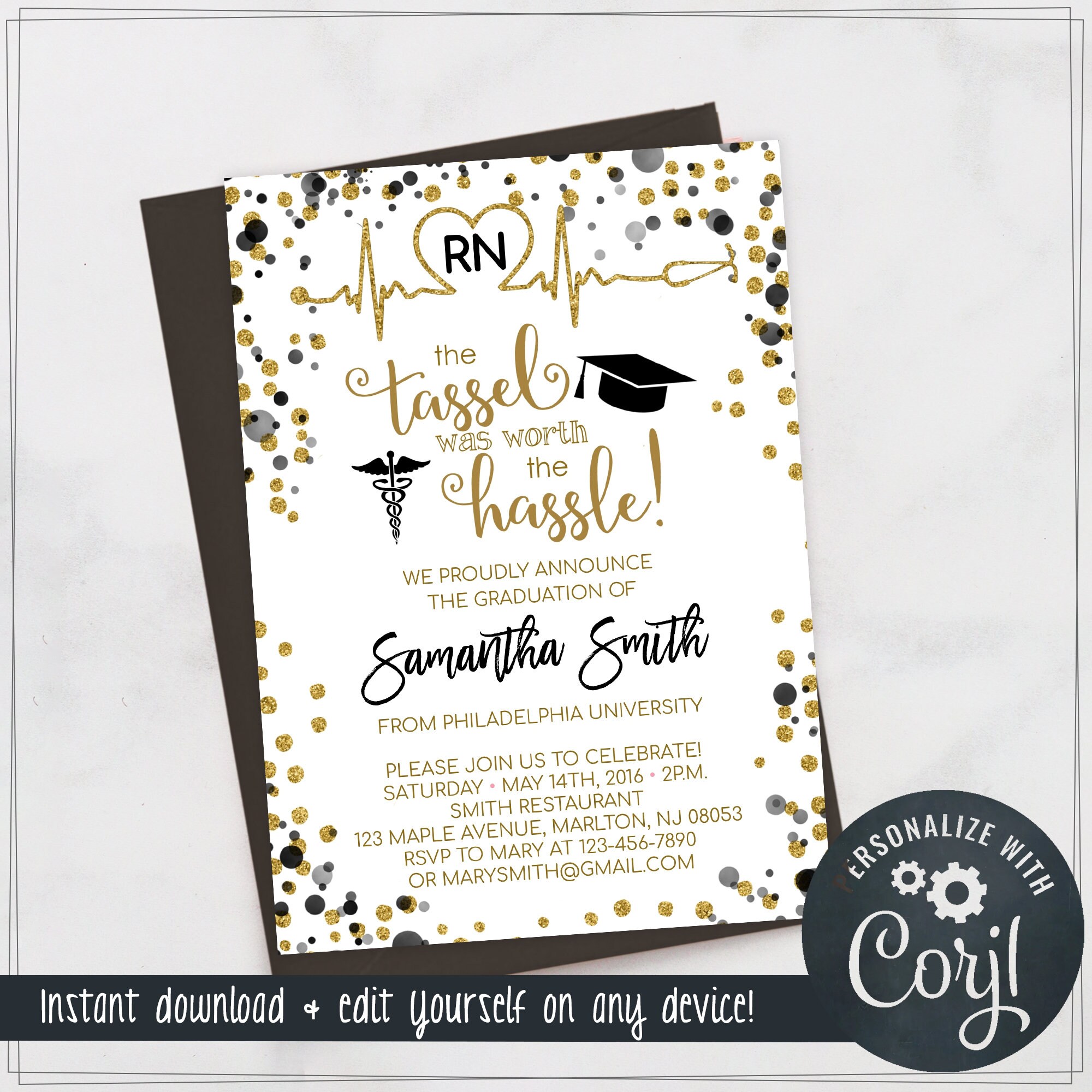 Nursing School Graduation Invitation Template Black and Gold | Etsy