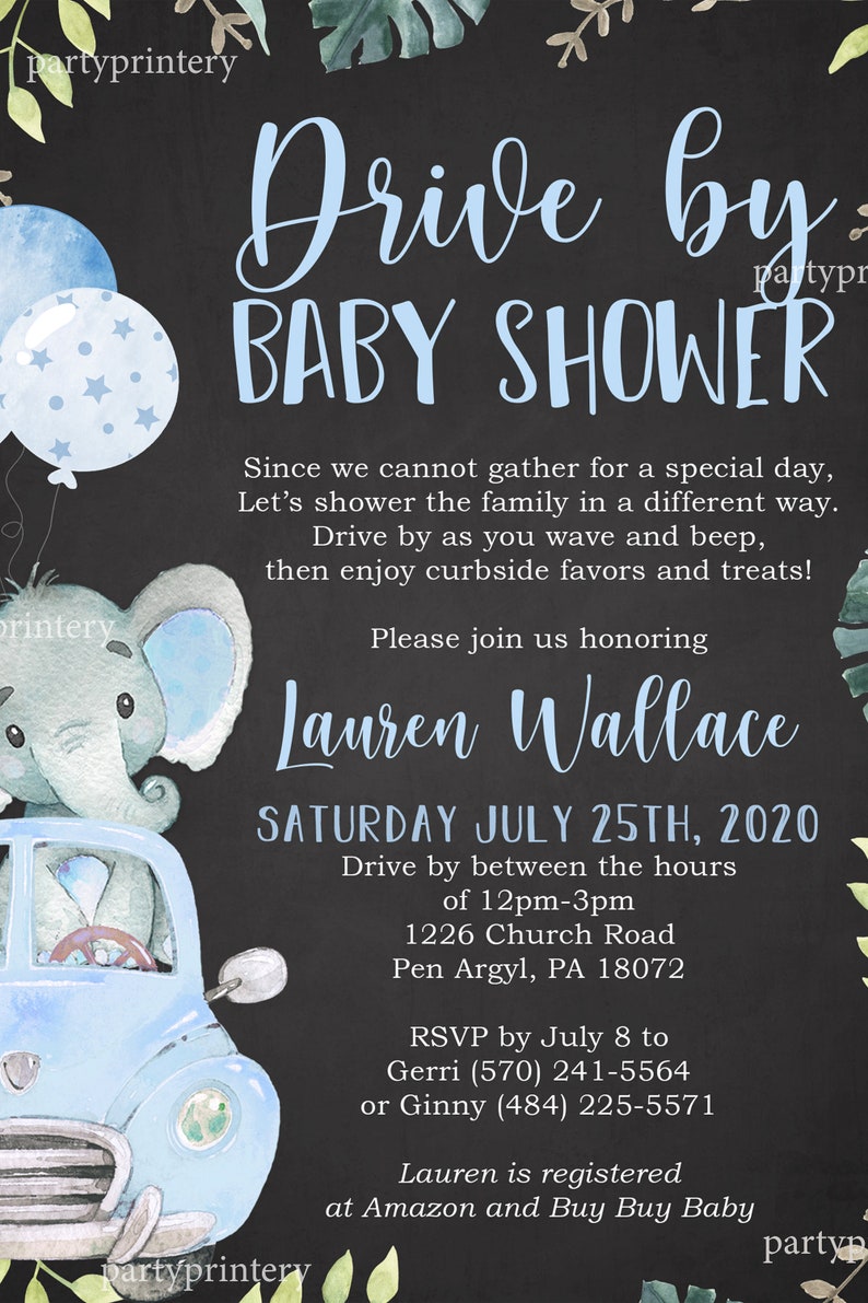 Drive By Baby Shower Invitations with Elephants for a Boy Etsy