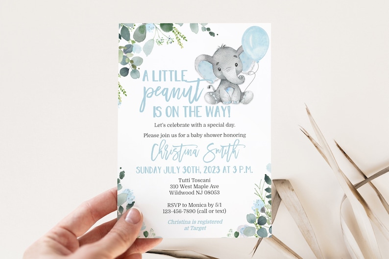 Elephant Baby Shower Invitation Template for a Boy Little Peanut Blue Edit Yourself & Instant Download with Corjl Baby-210 image 2