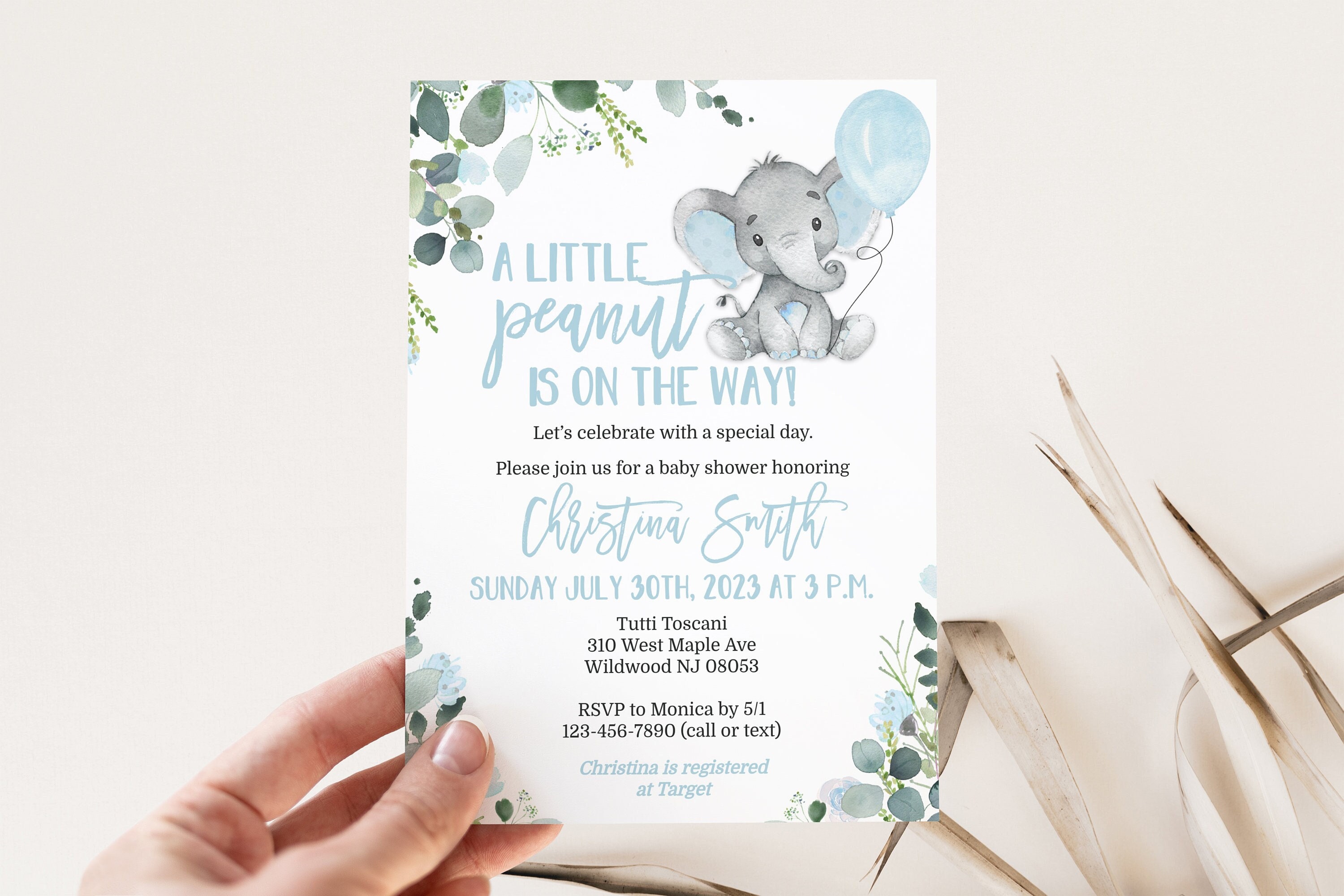 Elephant Baby Shower Invitation Template for a Boy Little Peanut Blue Edit Yourself Instant Download with Corjl Baby210