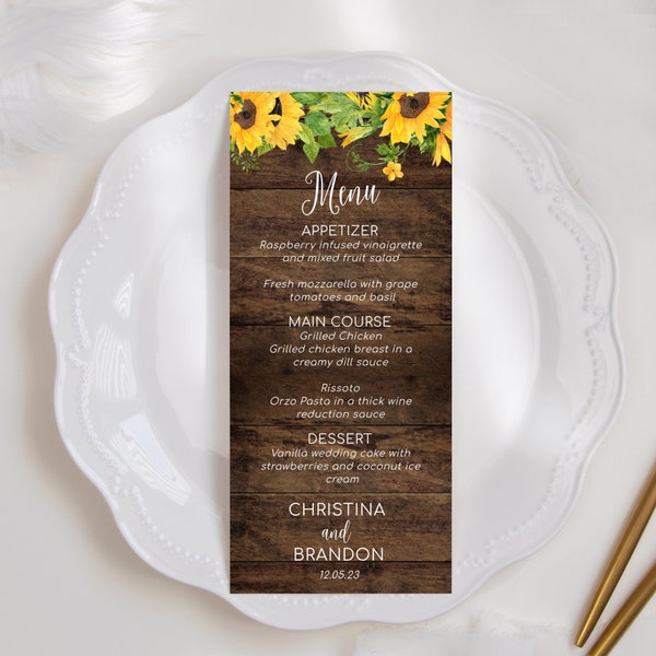 Rustic Sunflower Wedding Menu Template - Country Wedding Menu - Instant Download and Edit Today! PP101