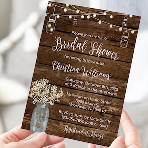 Rustic Mason Jar Bridal Shower Invitation Template - Country Bridal Shower - Edit Yourself & Instant Download with Corjl - Bridal-126