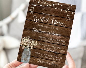 Rustic Mason Jar Bridal Shower Invitation Template - Country Bridal Shower - Edit Yourself & Instant Download with Corjl - Bridal-126