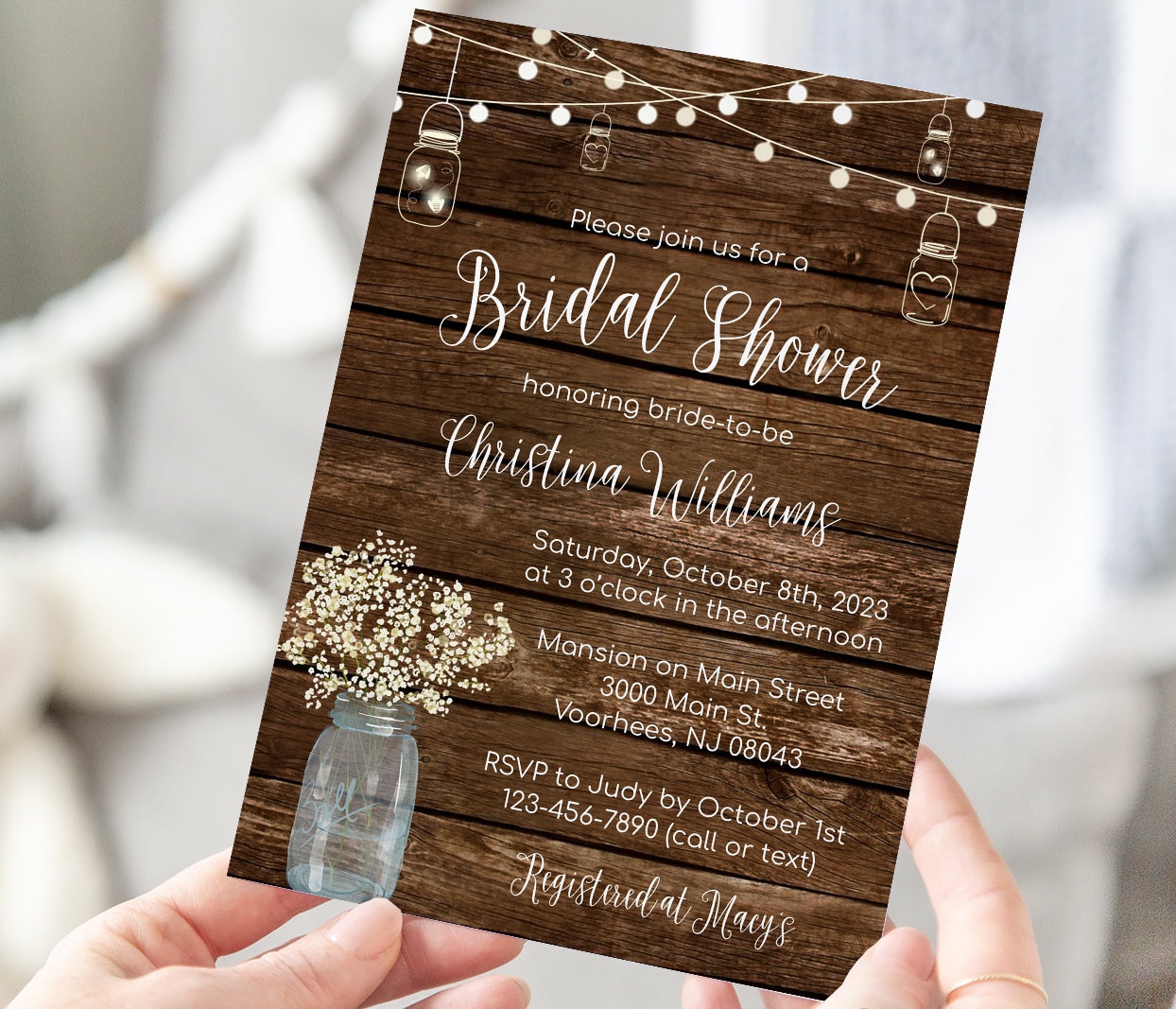 Rustic Mason Jar Bridal Shower Invitation Template - Country Bridal Shower - Edit Yourself & Instant Download with Corjl - Bridal-126