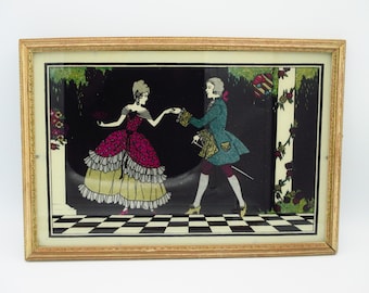 Vintage Victorian reverse glass painted and butterfly foil silhouette picture dancing colonial couple, lovely mix of color in vintage piece