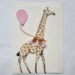 A5 Cartão de felicitações pintado à mão e embelezado girafa original com balão