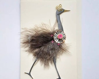 A5 Hand painted and embellished greeting card original ostrich