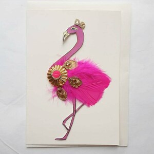 Cartão de felicitações A5 pintado à mão e embelezado flamingo original