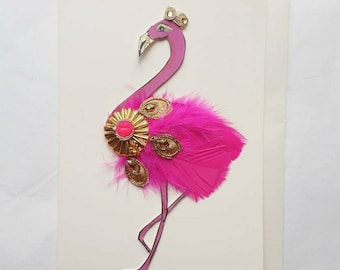 A5 Hand painted and embellished greeting card original flamingo