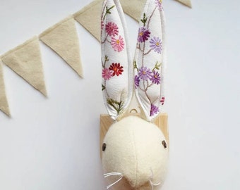 Rabbit wall plaque with French embroidered linen ears